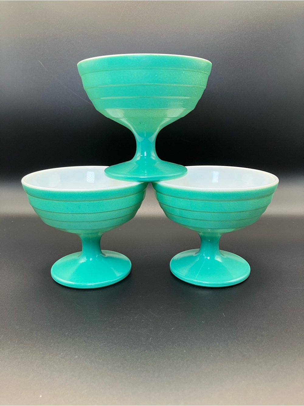 Hazel Atlas Moderntone Platonite Turquoise Pedestal Dessert Cups - Set of 3